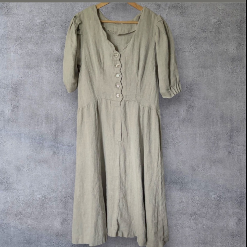 Women's Sage grey Linen Button-Front Midi Dress